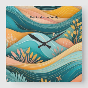 Retro Groovy Landschaft Stylisches Monogramm Quadratische Wanduhr
