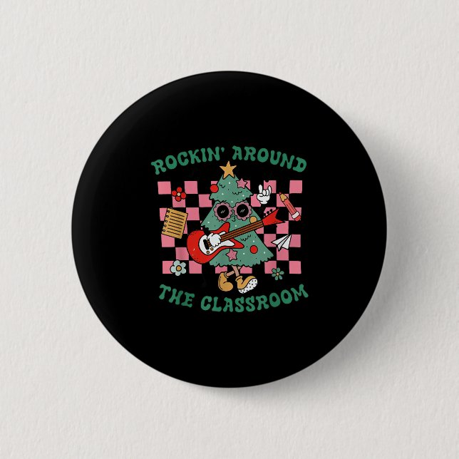 Retro Groovy Lehrer Weihnachten Rockin 'Around The Button (Vorderseite)