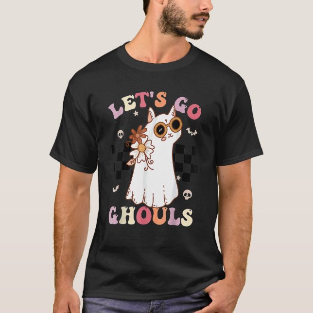 Retro Groovy Let's Go Ghouls Halloween Ghost Cat C T-Shirt (Vorderseite)