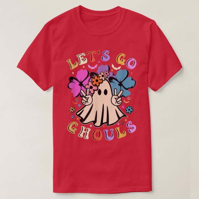 Retro Groovy Let's Go Ghouls Halloween Ghost Flora T-Shirt (Design vorne)