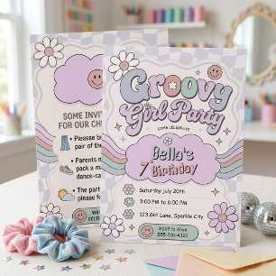 Retro Groovy Mädchen Pastell-Lila Rosa 7. Geburtst Einladung