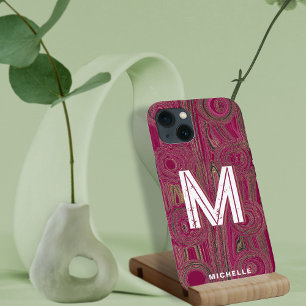 Retro Groovy Magenta Rosa Gold Glitter Monogramm iPhone 13 Hülle