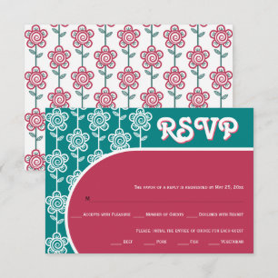 Retro groovy magenta und aquamarine 70er Hochzeit RSVP Karte