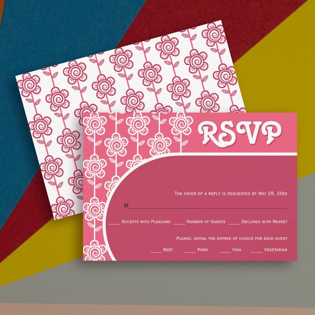 Retro groovy magenta und rosa 70er Hochzeit RSVP (Von Creator hochgeladen)