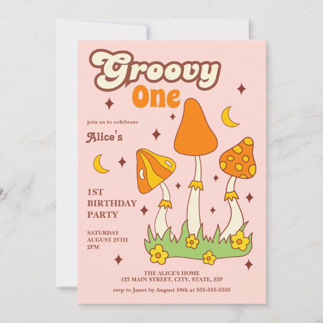 Retro Groovy Magic Hippie Mushroom 1. Geburtstag Einladung (Vorderseite)