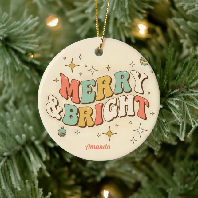 Retro Groovy Merry & Bright Christmas Keramik Ornament (Baum)