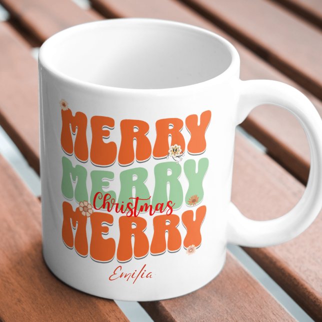Retro Groovy Merry Christmas Individuelle Name Boh Tasse (Von Creator hochgeladen)