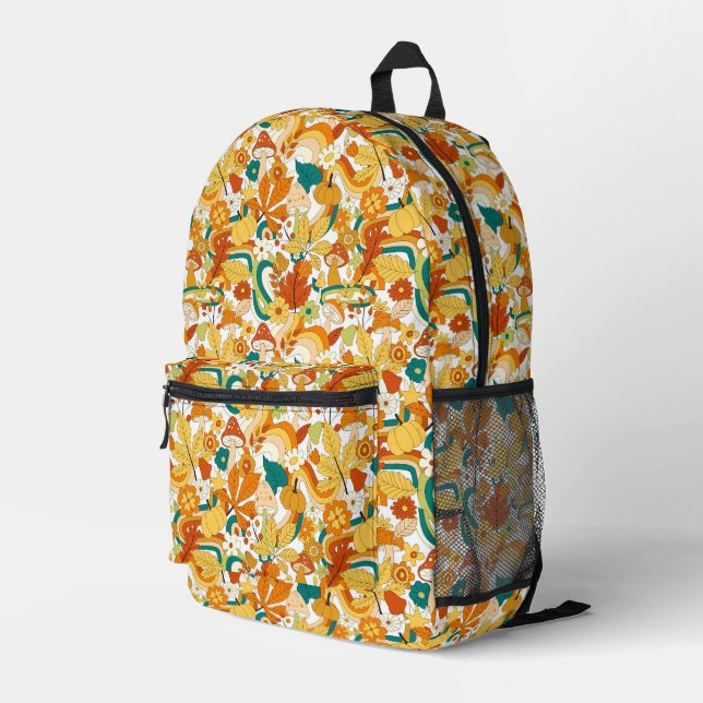 Retro Groovy Mushroom Blume Muster Bedruckter Rucksack (Rückseitige Ecke Rechts)