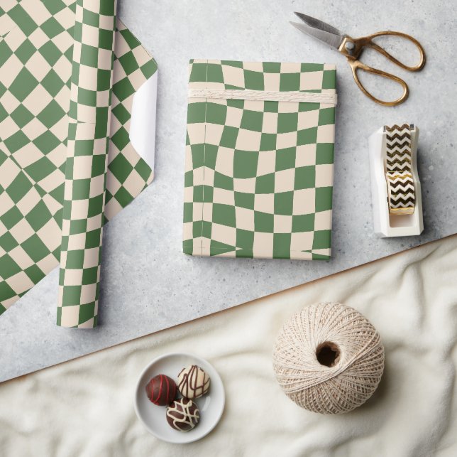Retro-Groovy, niedlich, grün, mit Schachbrett Geschenkpapier (Kunsthandwerk)