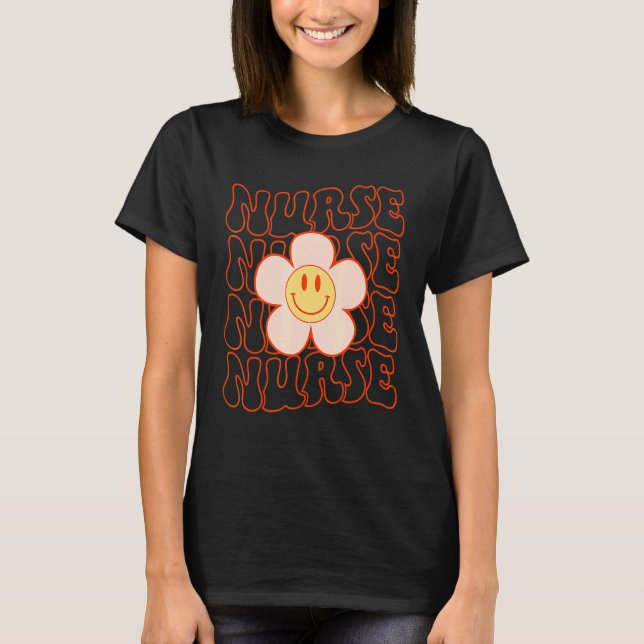 Retro Groovy Nurse Happy Face Niedliche Daisy Blum T-Shirt (Vorderseite)