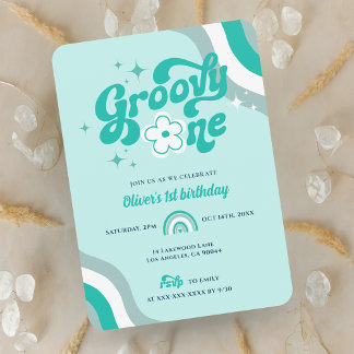 Retro Groovy One Boy Einladung zum 1. Geburtstag
