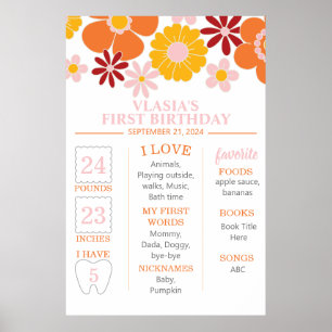 Retro Groovy One Floral Erster Geburtstag Meilenst Poster