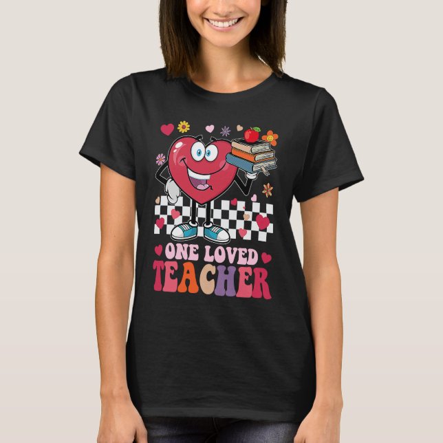 Retro Groovy One Loved Teacher Heart Valentines Da T-Shirt (Vorderseite)
