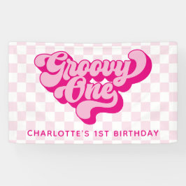 Retro Groovy One Pink and White Karo Banner