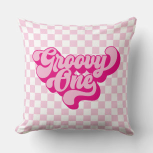 Retro Groovy One Pink and White Karo Kissen