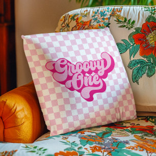 Retro Groovy One Pink and White Karo Kissen