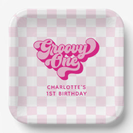 Retro Groovy One Pink and White Karo Pappteller