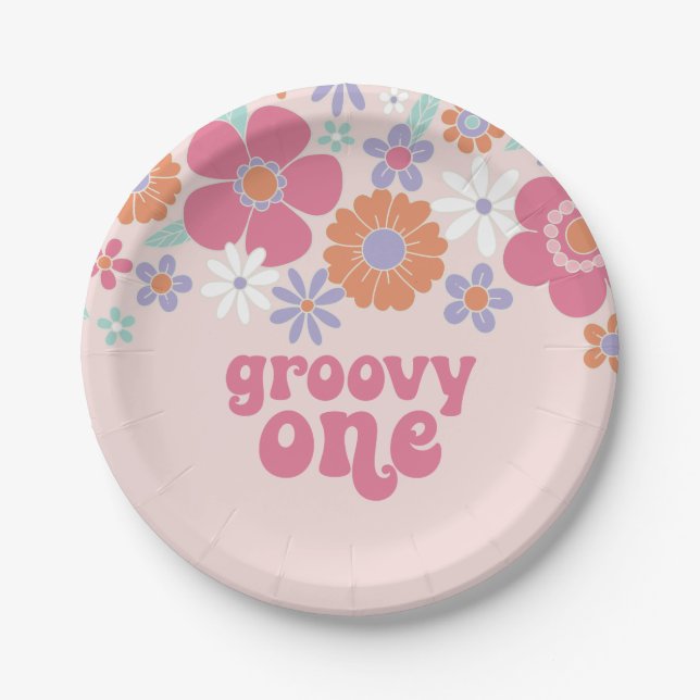 Retro Groovy One Pink Floral Pappteller (Vorderseite)