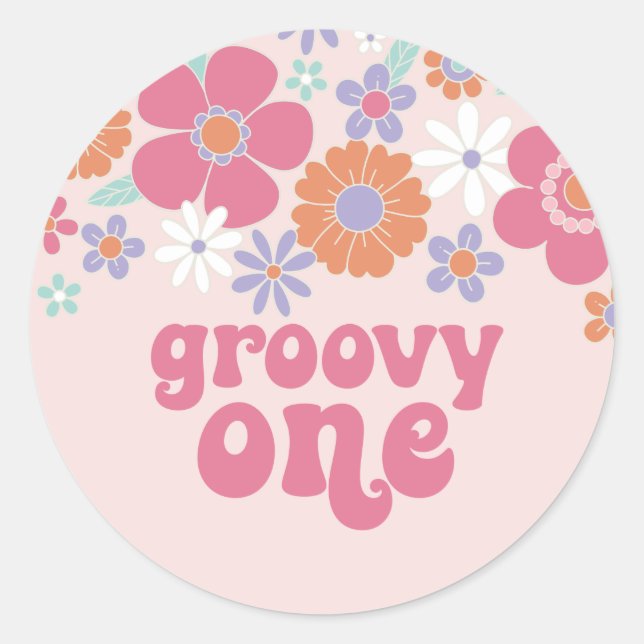 Retro Groovy One Pink Floral Runder Aufkleber (Vorderseite)