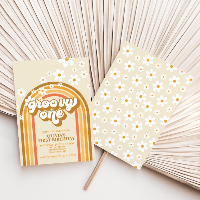 Retro Groovy One Rainbow Brown Orange Birthday Einladung (Von Creator hochgeladen)