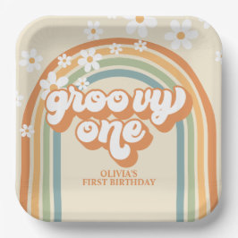 Retro Groovy One Rainbow Brown Orange Birthday Pappteller