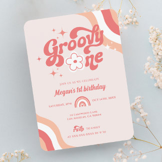 Retro Groovy One Wavy Girl Einladung zum 1. Geburt