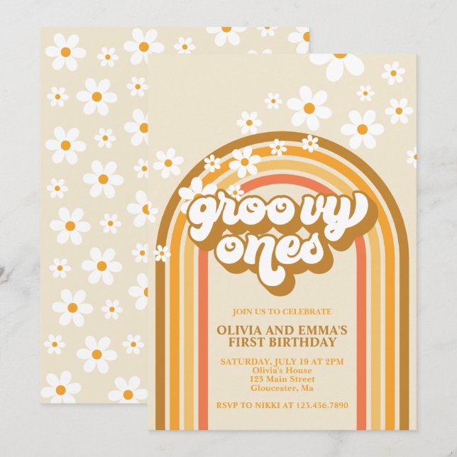 Retro Groovy Ones Rainbow Brown Twin Birthday Einladung (Vorne/Hinten)