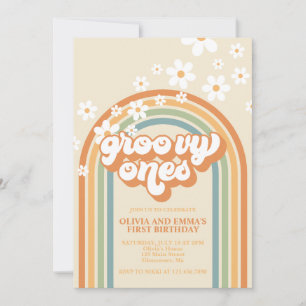 Retro Groovy Ones Regenbogen Zwilling Geburtstag Einladung