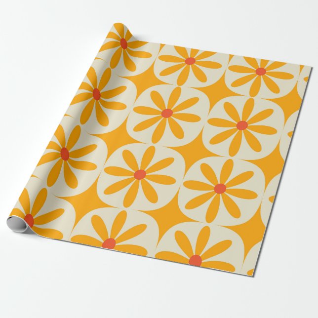 Retro Groovy Orange Blumen mit atomaren Sternenexp Geschenkpapier (Ungerollt)