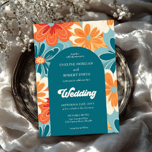 Retro Groovy orange gelbe und blaue Blütenbogen Einladung