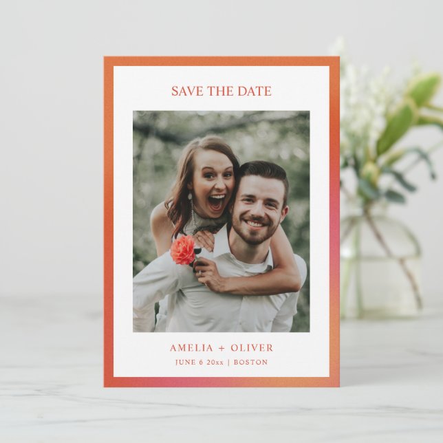 Retro Groovy Orange Lustiger Sommer-Gradient-Hochz Save The Date (Stehend Vorderseite)