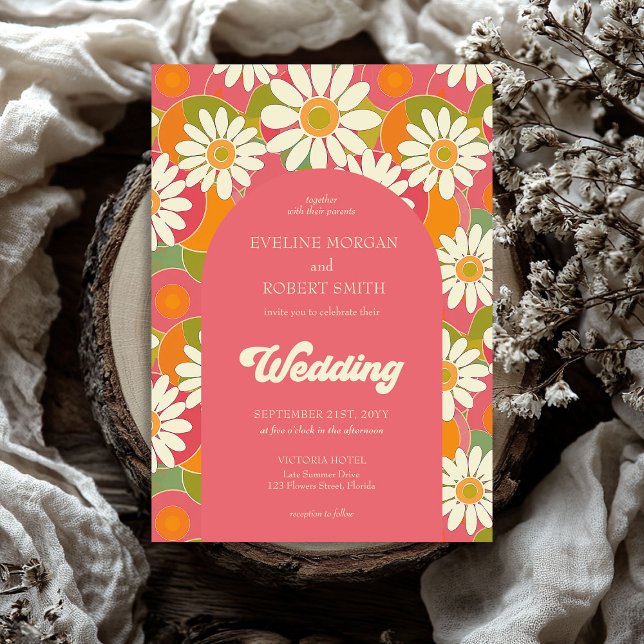 Retro Groovy Orange Rosa und Weiß Disien Einladung (Retro groovy orange pink and green flowers wedding invitation)