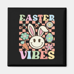Retro Groovy Oster-Vibes Hase Kariert Lächeln Wo Magnet