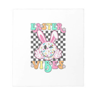 Retro Groovy Oster-Vibes Hase Kariert Lächeln Wo Notizblock