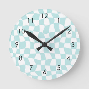 Retro Groovy Pastel Blue White Checks Checkered   Runde Wanduhr