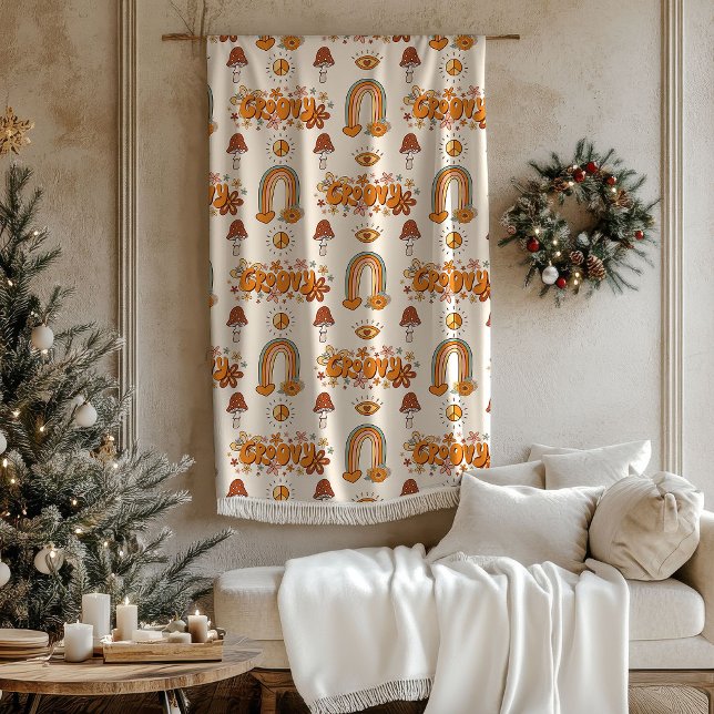 Retro Groovy Pastel Rainbows and Mushrooms Blanket Fleecedecke (Retro Groovy Pastel Rainbows and Mushrooms Blanket)