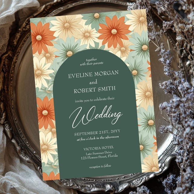 Retro Groovy Pastellfarben Blume boho arch Einladung (retro groovy pastel colorful flowers boho arch wedding invitation)