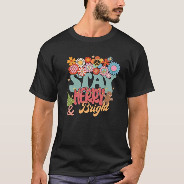 Retro Groovy Peace Bleibe Weihnachten Merry Bright T-Shirt (Vorderseite)