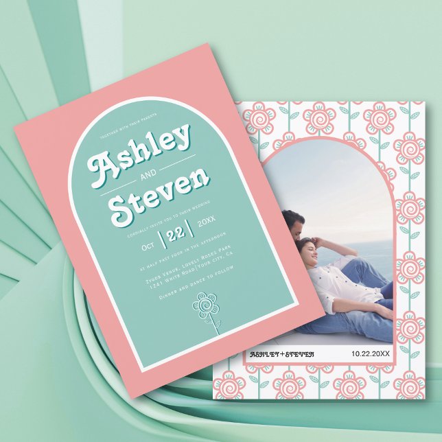 Retro Groovy Peach and aqua 70er inspiriert Hochze Einladung (Von Creator hochgeladen)