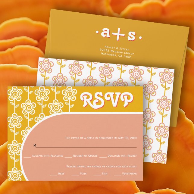 Retro Groovy Peach and Gelb 70er Hochzeit RSVP (Von Creator hochgeladen)