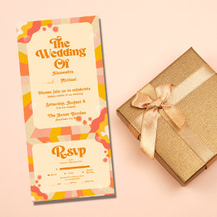 Retro Groovy Pink and Gold Wave Wedding All In One Einladung