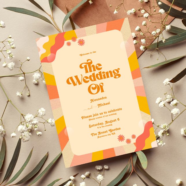 Retro Groovy Pink and Gold Wave Wedding Einladung (Von Creator hochgeladen)