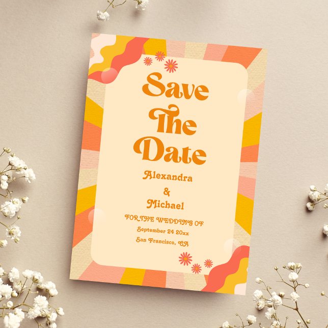 Retro Groovy Pink and Gold Wave Wedding Rettete Th Save The Date (Von Creator hochgeladen)
