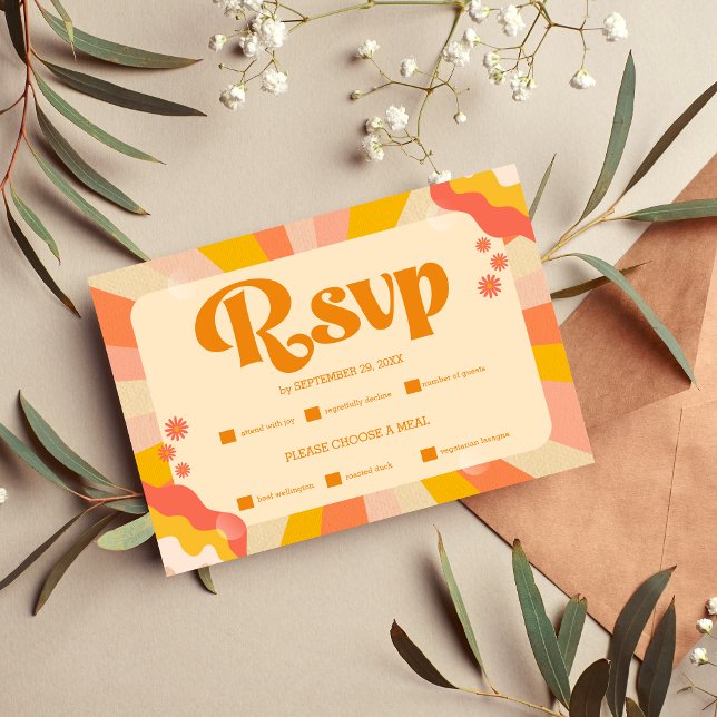 Retro Groovy Pink and Gold Wave Wedding RSVP Card Karte (Von Creator hochgeladen)