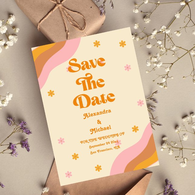 Retro Groovy Pink and Gold Wave Wedding Save The Date (Von Creator hochgeladen)
