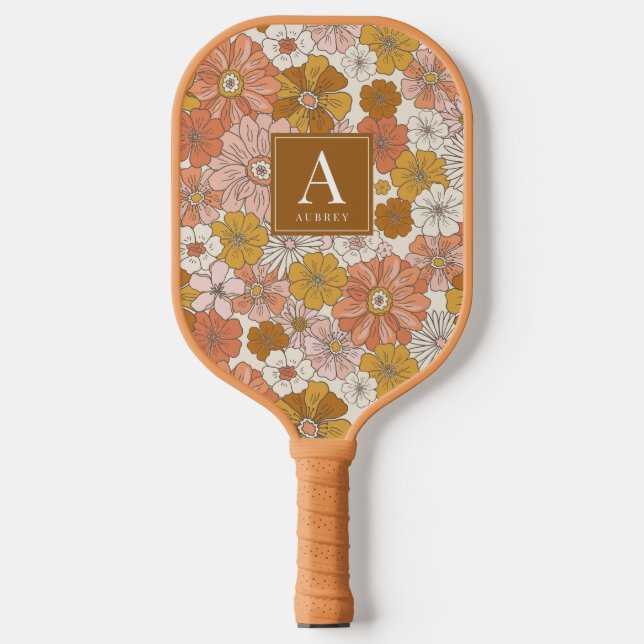 Retro & Groovy Pink Brown Floral Muster Pickleball Schläger (Vorderseite)