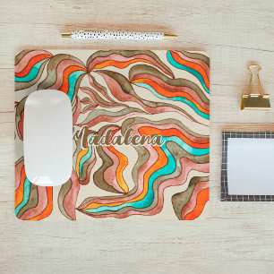 Retro Groovy Pink Burnt Orange Wavy Script Name Mousepad