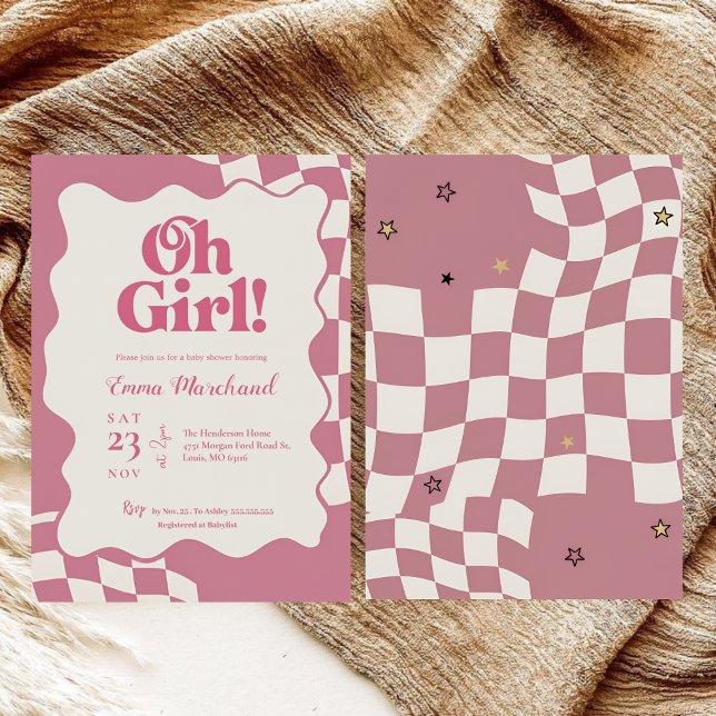 Retro Groovy Pink Checkered Oh Girl Baby Shower Einladung (Von Creator hochgeladen)