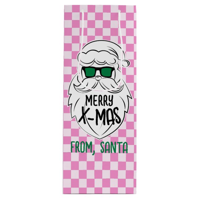 Retro Groovy Pink Checkered Santa Claus Christmas  Geschenktüte Für Weinflaschen (Vorderseite)