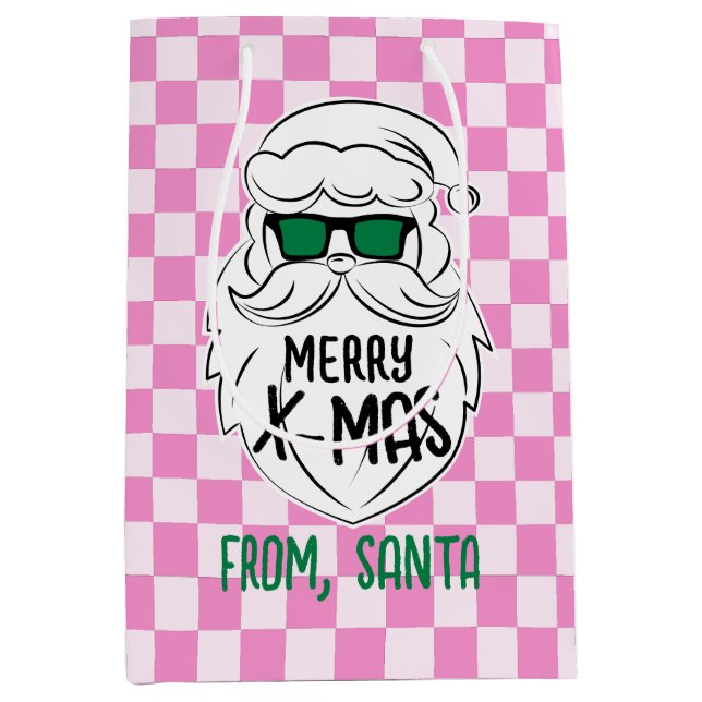 Retro Groovy Pink Checkered Santa Claus Christmas  Mittlere Geschenktüte (Vorderseite)